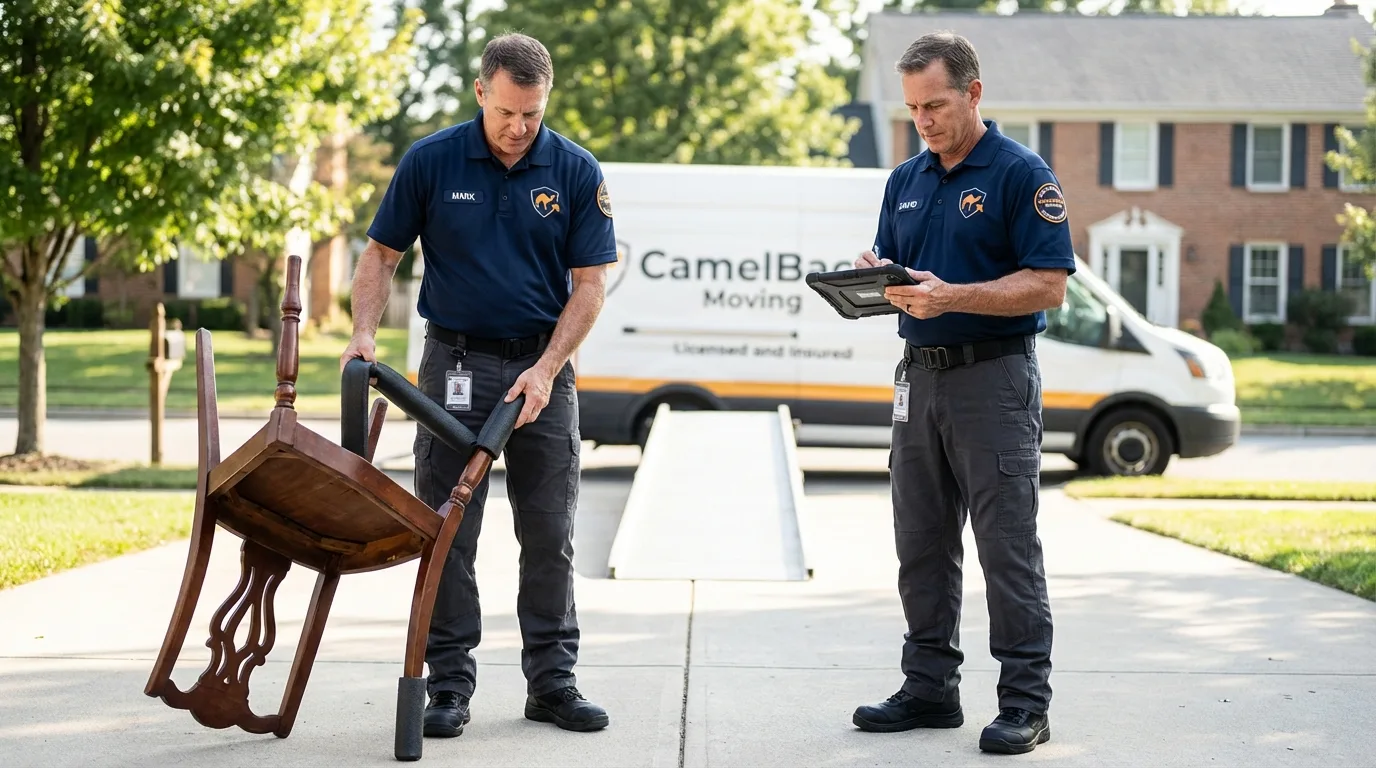 Movers inspecting furniture for damage prevention before loading in Trussville, AL