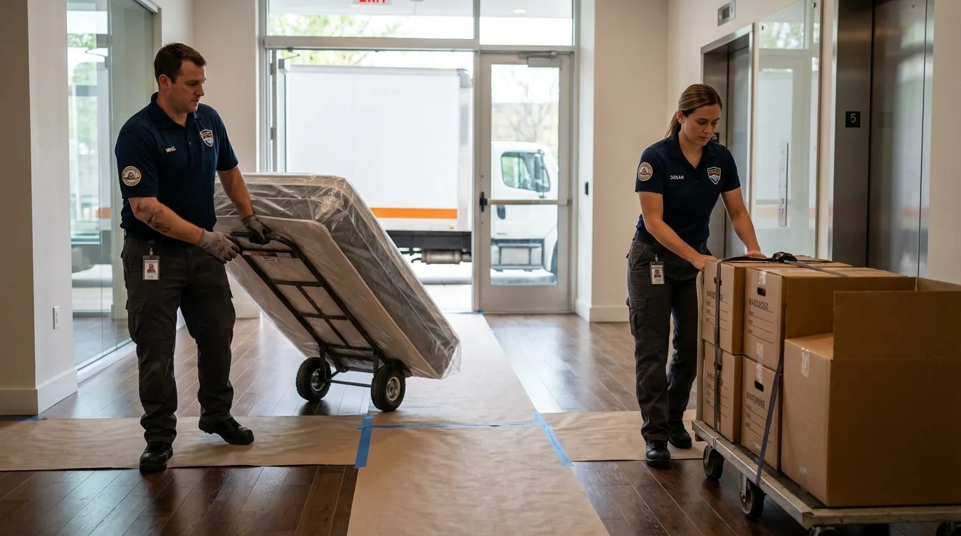 Professional apartment movers loading elevator in Trussville, AL