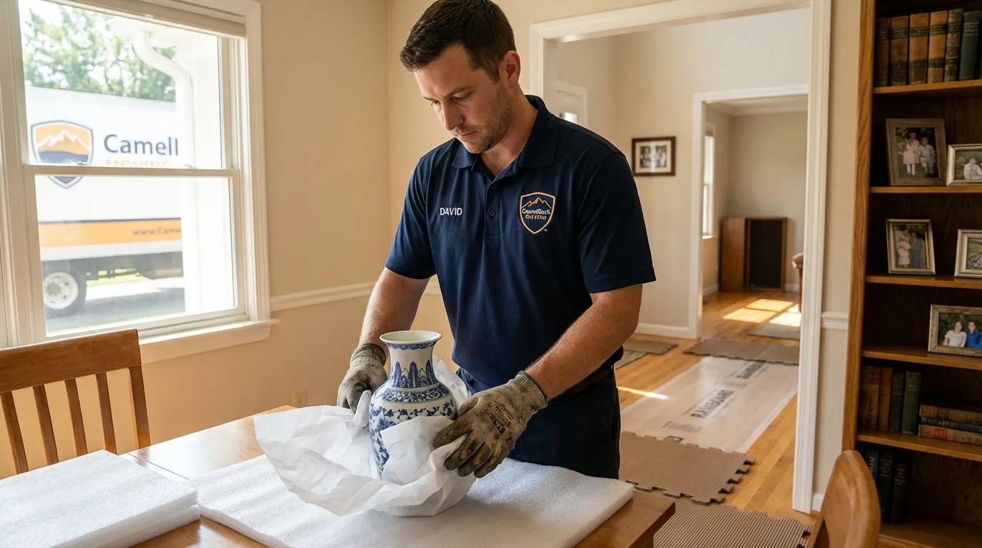 Professional crew carefully wrapping antique vase for senior downsizing move in Trussville, AL